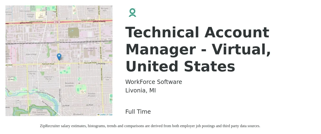 WorkForce Software job posting for a Technical Account Manager - Virtual, United States in Livonia, MI with a salary of $100,000 Yearly with a map of Livonia location.