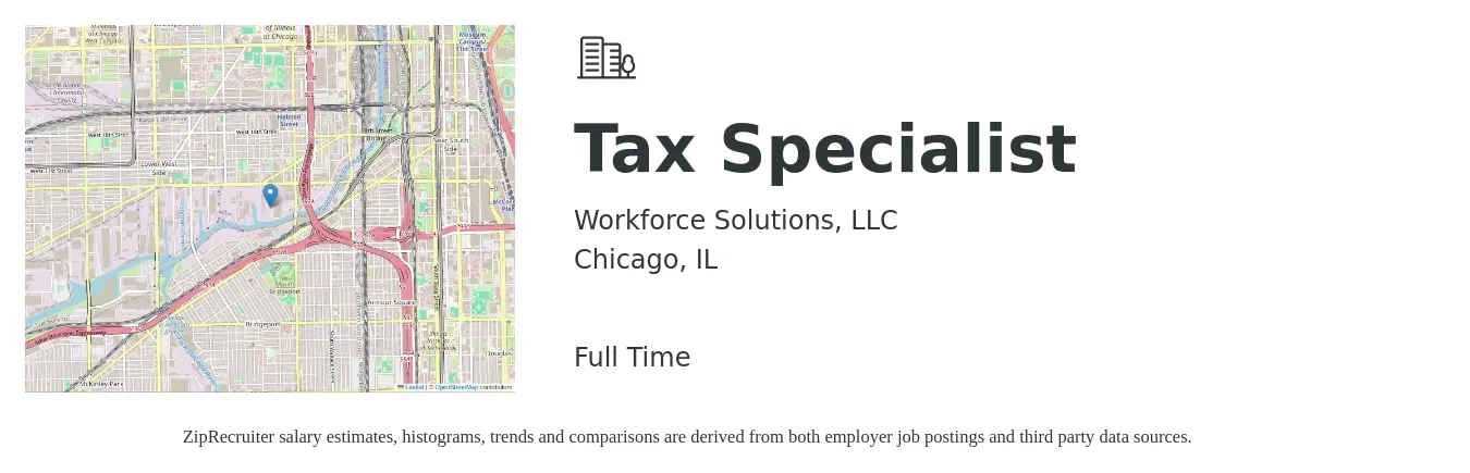 Workforce Solutions, LLC job posting for a Tax Specialist in Chicago, IL with a salary of $58,800 to $101,500 Yearly with a map of Chicago location.