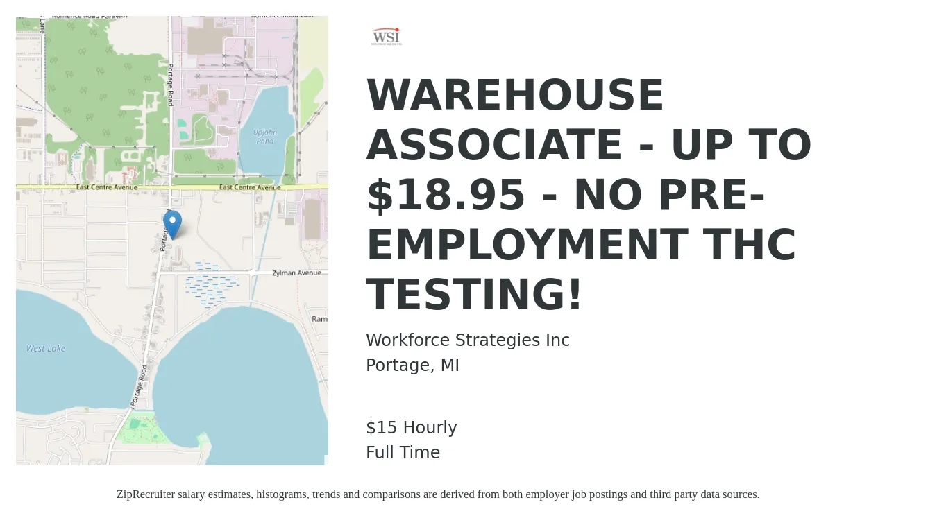 Workforce Strategies Inc job posting for a WAREHOUSE ASSOCIATE - UP TO $18.95 - NO PRE-EMPLOYMENT THC TESTING! in Portage, MI with a salary of $16 to $19 Hourly with a map of Portage location.