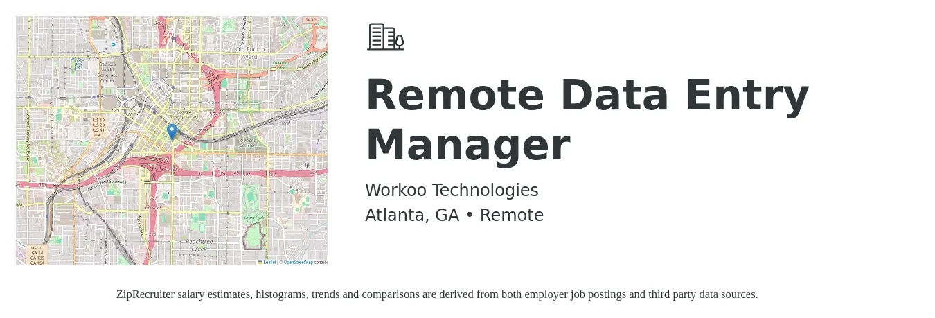 Workoo Technologies job posting for a Remote Data Entry Manager in Atlanta, GA with a salary of $16 to $22 Hourly with a map of Atlanta location.