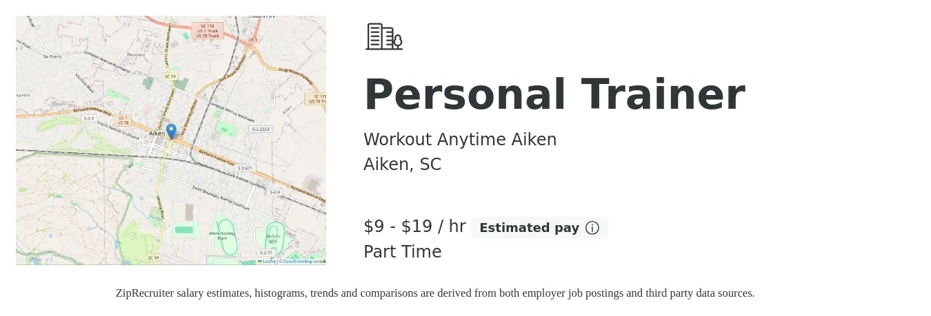 Workout Anytime - Aiken job posting for a Personal Trainer in Aiken, SC with a salary of $10 to $20 Hourly with a map of Aiken location.