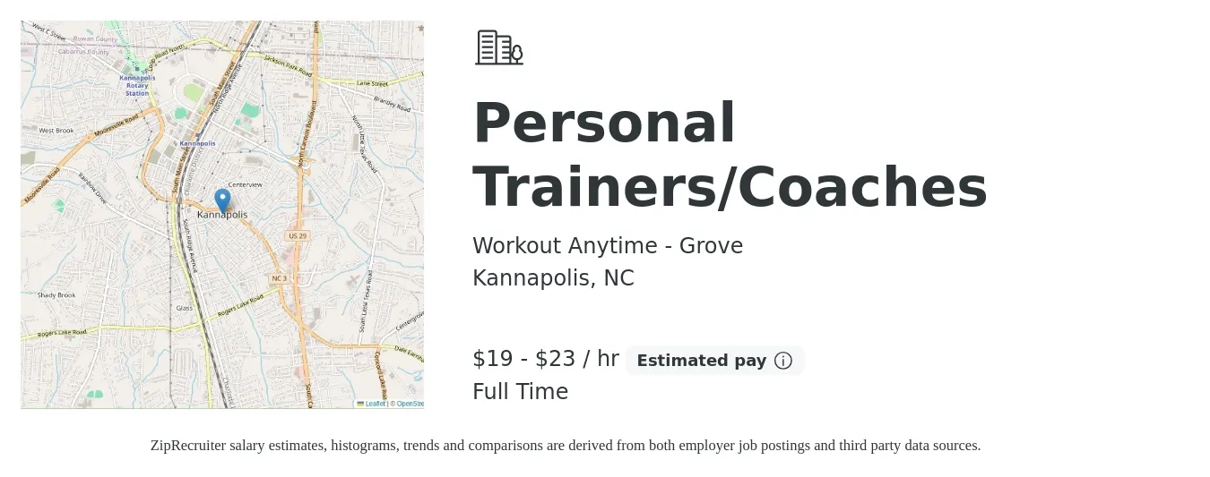 Workout Anytime - Grove job posting for a Personal Trainers/Coaches in Kannapolis, NC with a salary of $20 to $24 Hourly with a map of Kannapolis location.