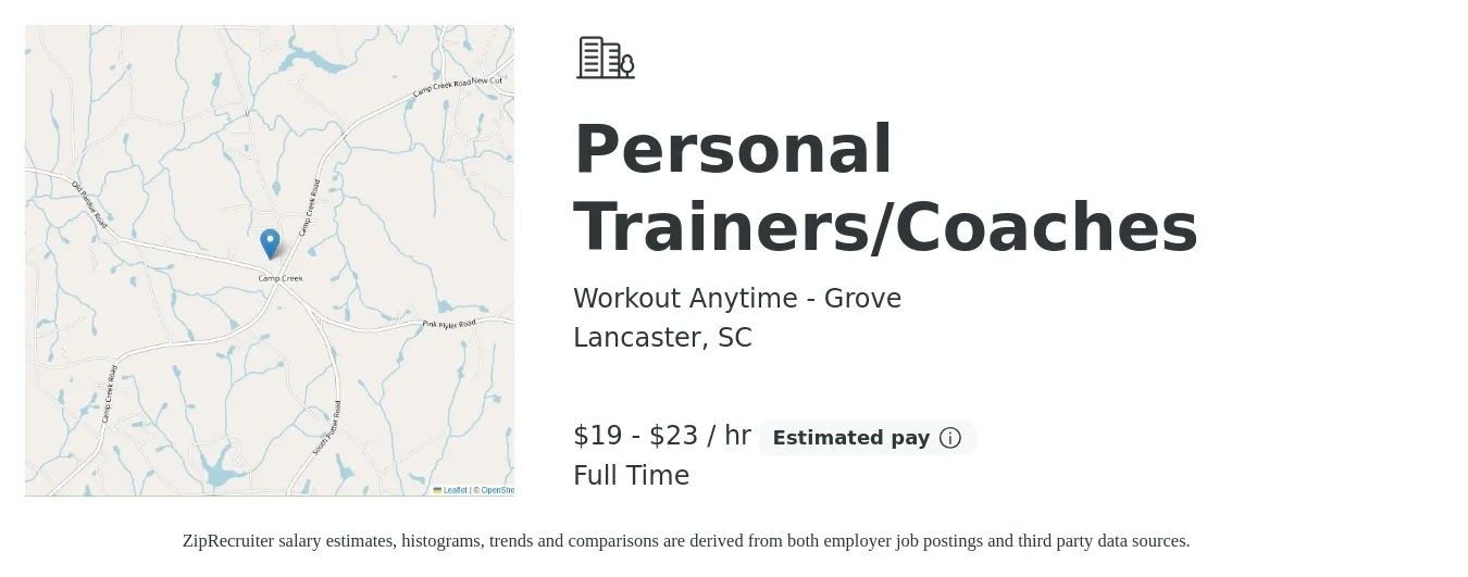 Workout Anytime - Grove job posting for a Personal Trainers/Coaches in Lancaster, SC with a salary of $20 to $30 Hourly with a map of Lancaster location.