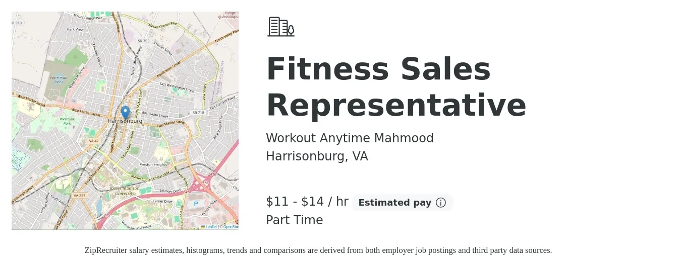 Workout Anytime - Mahmood job posting for a Fitness Sales Representative in Harrisonburg, VA with a salary of $12 to $15 Hourly with a map of Harrisonburg location.