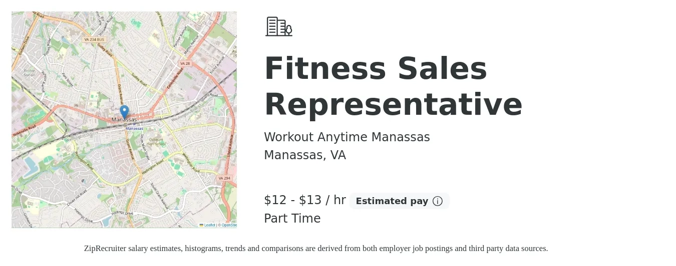 Workout Anytime - Manassas job posting for a Fitness Sales Representative in Manassas, VA with a salary of $12 to $14 Hourly with a map of Manassas location.