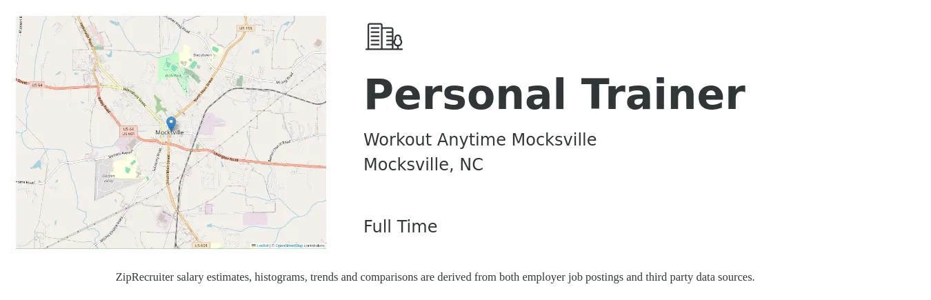 Workout Anytime - Mocksville job posting for a Personal Trainer in Mocksville, NC with a salary of $18 to $29 Hourly with a map of Mocksville location.