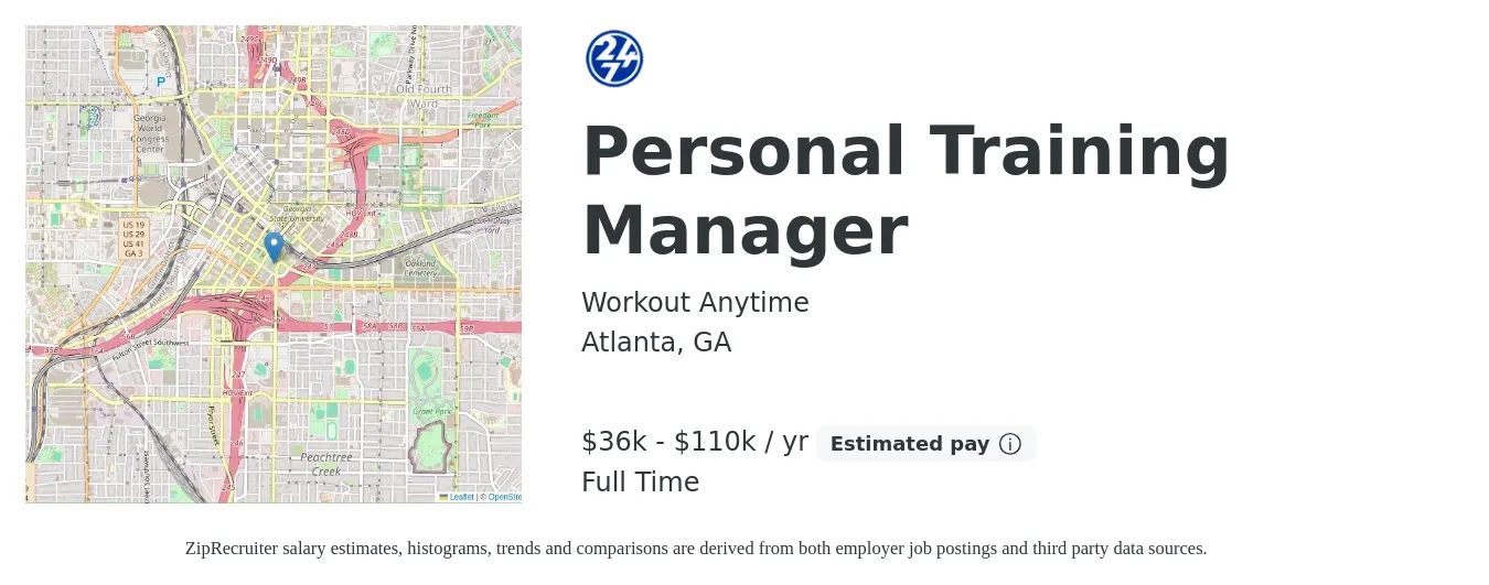 Workout Anytime job posting for a Personal Training Manager in Atlanta, GA with a salary of $36,000 to $110,000 Yearly with a map of Atlanta location.