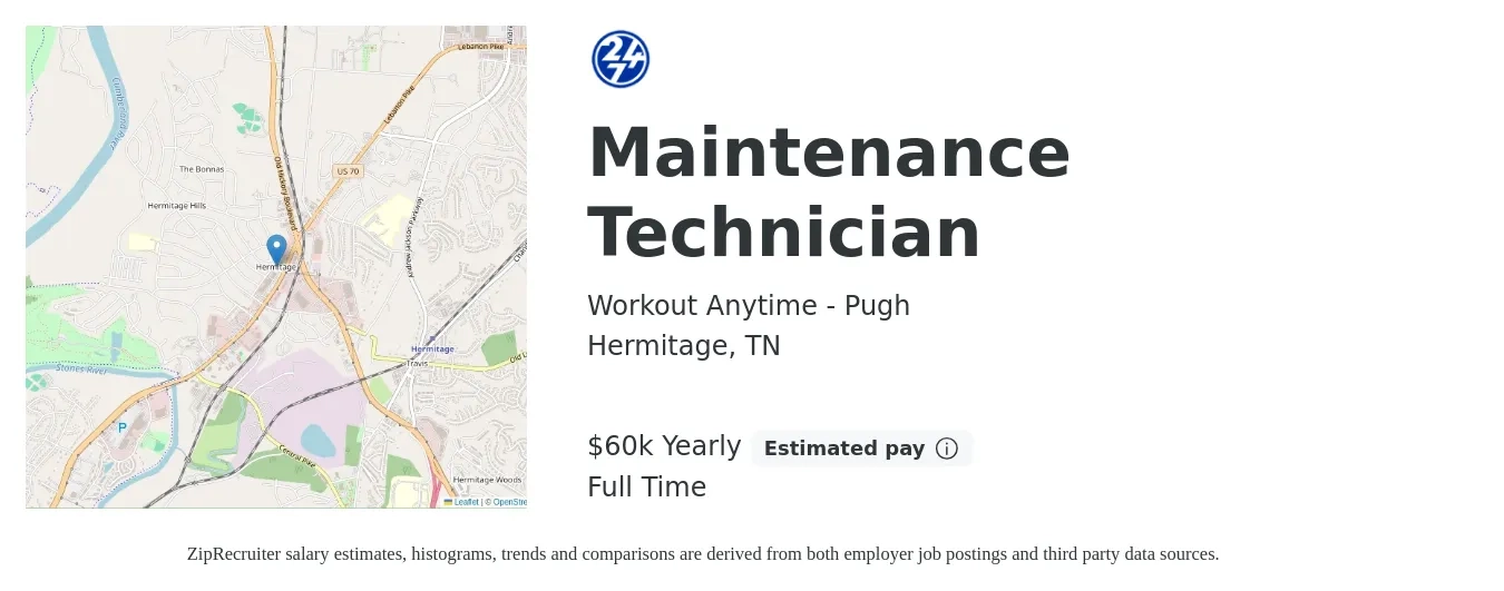 Workout Anytime - Pugh job posting for a Maintenance Technician in Hermitage, TN with a salary of $60,000 Yearly with a map of Hermitage location.
