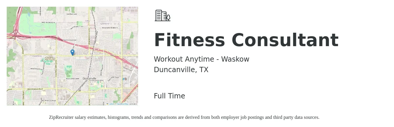 Workout Anytime - Waskow job posting for a Fitness Consultant in Duncanville, TX with a salary of $11 to $16 Hourly with a map of Duncanville location.