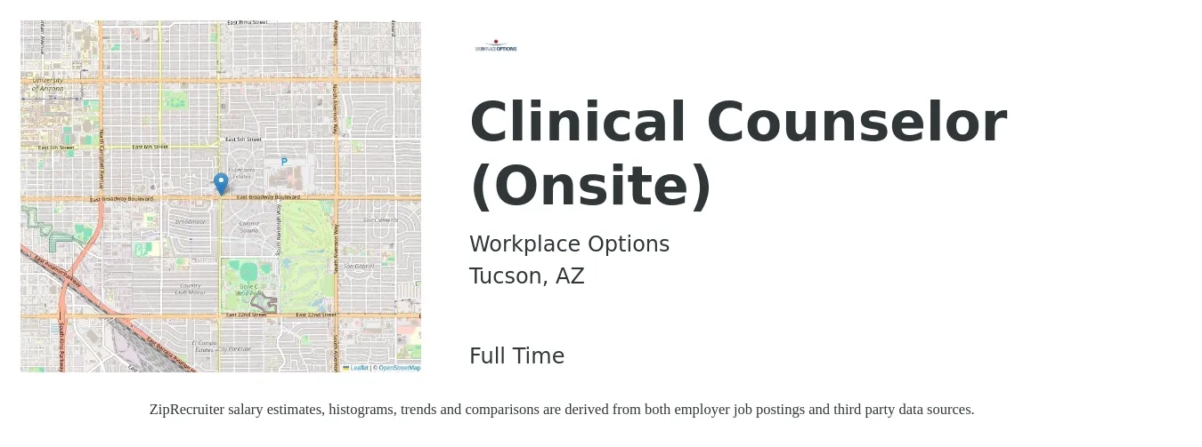 Workplace Options job posting for a Clinical Counselor (Onsite) in Tucson, AZ with a salary of $51,200 to $67,500 Yearly with a map of Tucson location.