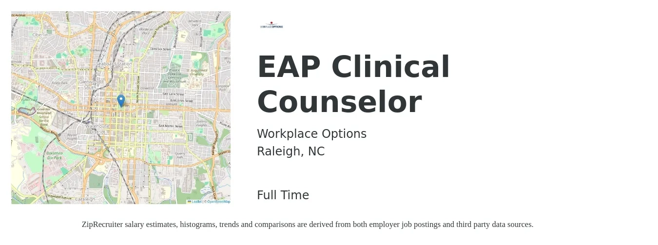 Workplace Options job posting for a EAP Clinical Counselor in Raleigh, NC with a salary of $50,000 Yearly with a map of Raleigh location.