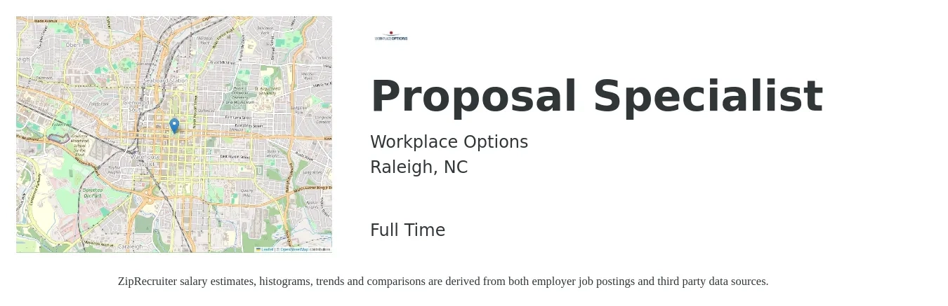Workplace Options job posting for a Proposal Specialist in Raleigh, NC with a salary of $49,600 to $77,800 Yearly with a map of Raleigh location.
