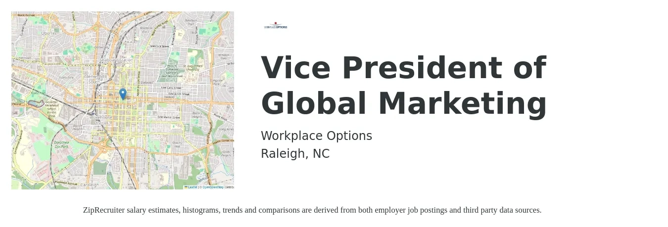 Workplace Options job posting for a Vice President of Global Marketing in Raleigh, NC with a salary of $133,200 to $199,300 Yearly with a map of Raleigh location.