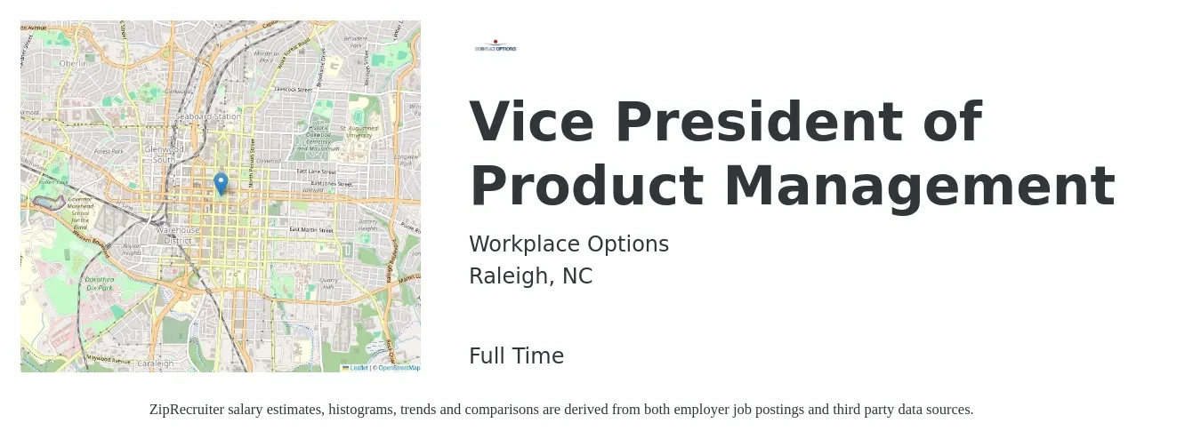Workplace Options job posting for a Vice President of Product Management in Raleigh, NC with a salary of $183,200 to $226,500 Yearly with a map of Raleigh location.