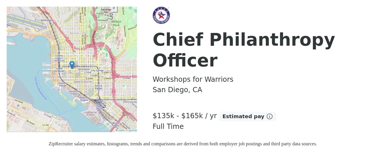 Workshops for Warriors job posting for a Chief Philanthropy Officer in San Diego, CA with a salary of $135,000 to $165,000 Yearly with a map of San Diego location.
