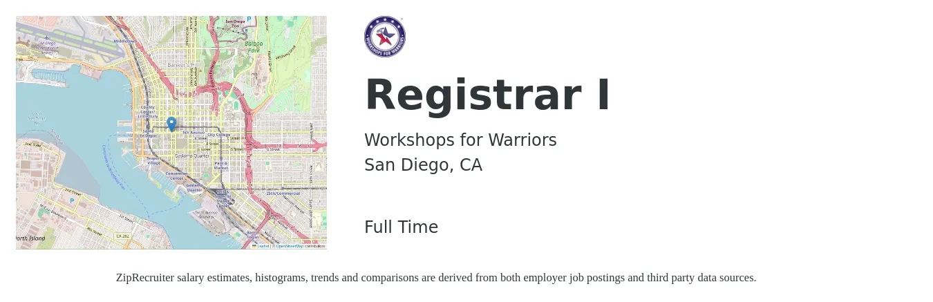 Workshops for Warriors job posting for a Registrar I in San Diego, CA with a salary of $26 to $30 Hourly with a map of San Diego location.