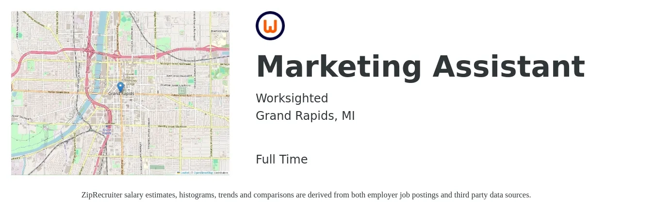 Worksighted job posting for a Marketing Assistant in Grand Rapids, MI with a salary of $38,400 to $48,500 Yearly with a map of Grand Rapids location.