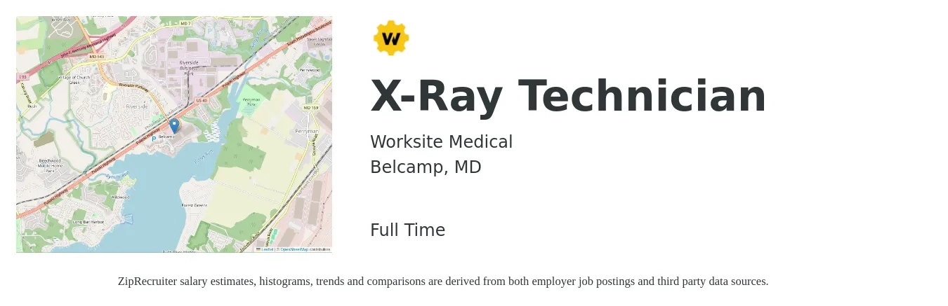 Worksite Medical job posting for a X-Ray Technician in Belcamp, MD with a salary of $1,810 to $2,600 Weekly with a map of Belcamp location.