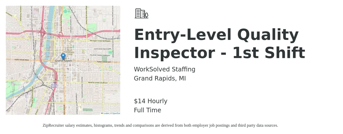 WorkSolved Staffing job posting for a Entry-Level Quality Inspector - 1st Shift in Grand Rapids, MI with a salary of $15 Hourly with a map of Grand Rapids location.