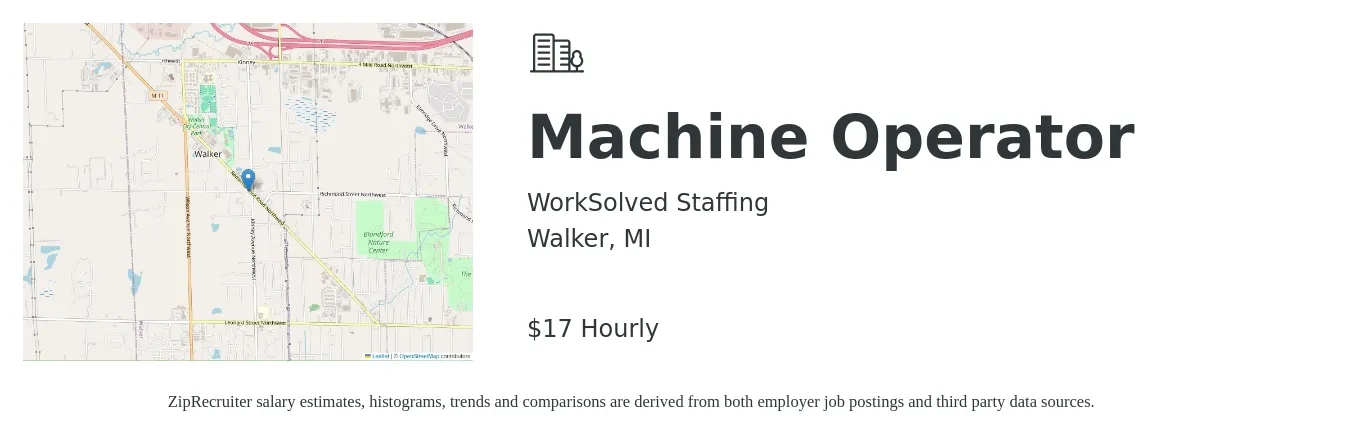 WorkSolved Staffing job posting for a Machine Operator in Walker, MI with a salary of $18 Hourly with a map of Walker location.
