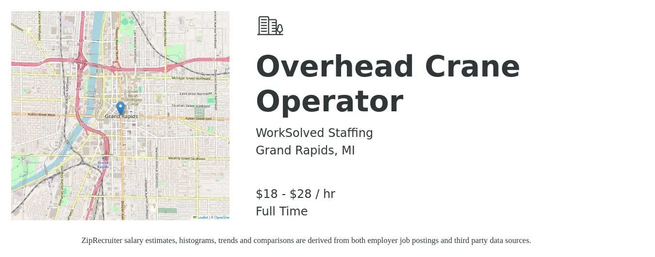 WorkSolved Staffing job posting for a Overhead Crane Operator in Grand Rapids, MI with a salary of $19 to $30 Hourly with a map of Grand Rapids location.