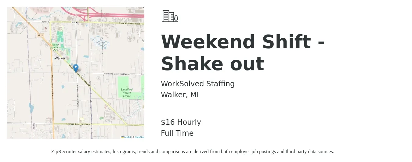 WorkSolved Staffing job posting for a Weekend Shift - Shake out in Walker, MI with a salary of $18 Hourly with a map of Walker location.