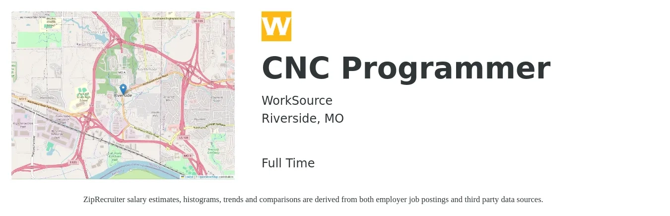 WorkSource job posting for a CNC Programmer in Riverside, MO with a salary of $26 to $35 Hourly with a map of Riverside location.