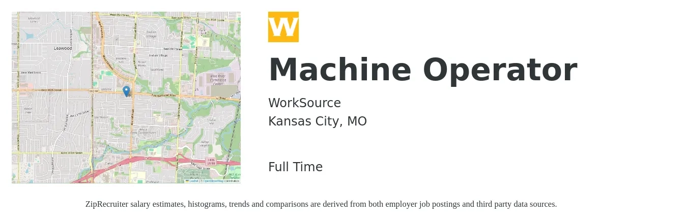WorkSource job posting for a Machine Operator in Kansas City, MO with a salary of $16 to $19 Hourly with a map of Kansas City location.