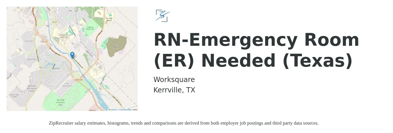 Worksquare job posting for a RN-Emergency Room (ER) Needed (Texas) in Kerrville, TX with a salary of $2,000 Weekly with a map of Kerrville location.