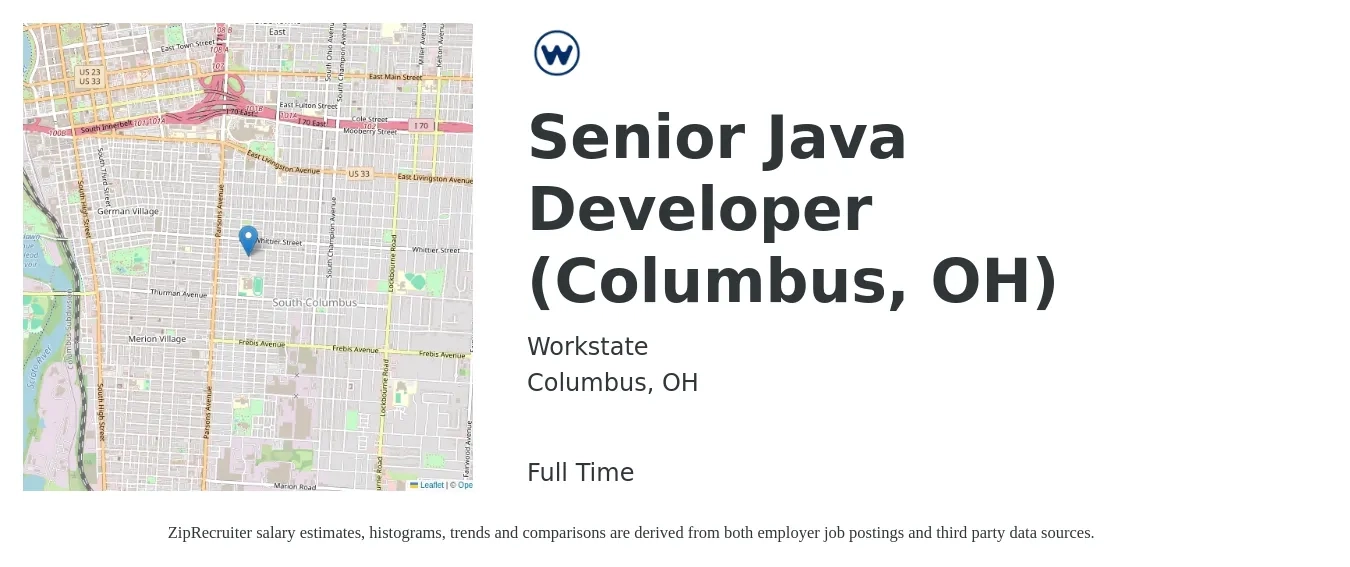 Workstate job posting for a Senior Java Developer (Columbus, OH) in Columbus, OH with a salary of $55 to $70 Hourly with a map of Columbus location.