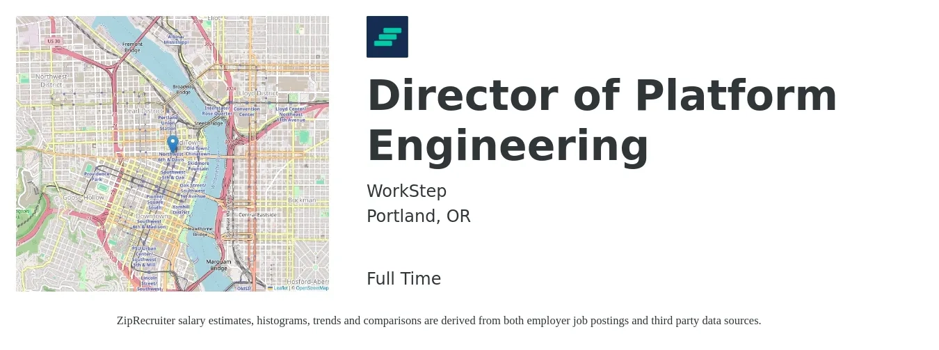 WorkStep job posting for a Director of Platform Engineering in Portland, OR with a salary of $150,100 to $268,300 Yearly with a map of Portland location.