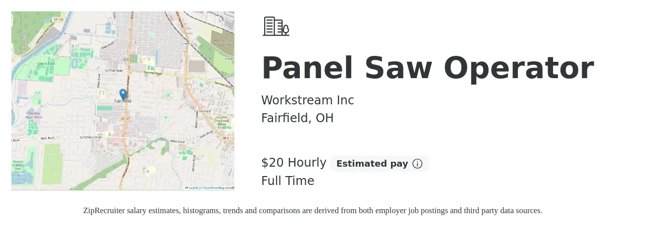Workstream Inc job posting for a Panel Saw Operator in Fairfield, OH with a salary of $21 Hourly with a map of Fairfield location.