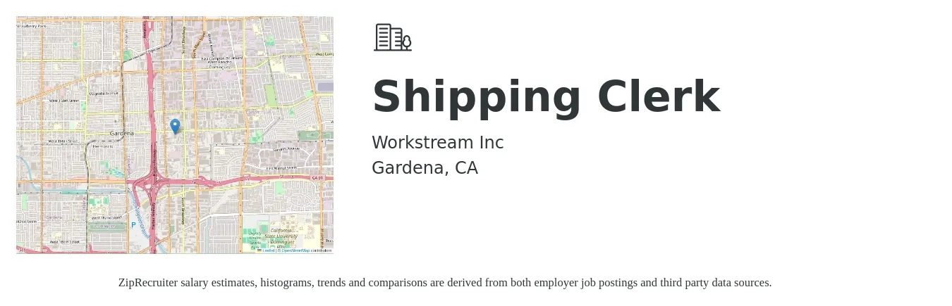 Workstream Inc job posting for a Shipping Clerk in Gardena, CA with a salary of $18 to $19 Hourly with a map of Gardena location.