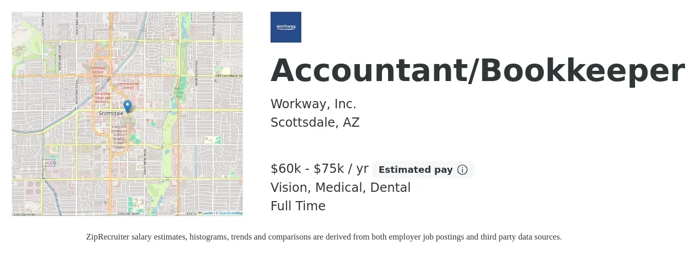 Workway, Inc. job posting for a Accountant/Bookkeeper in Scottsdale, AZ with a salary of $60,000 to $75,000 Yearly and benefits including life_insurance, medical, retirement, vision, and dental with a map of Scottsdale location.