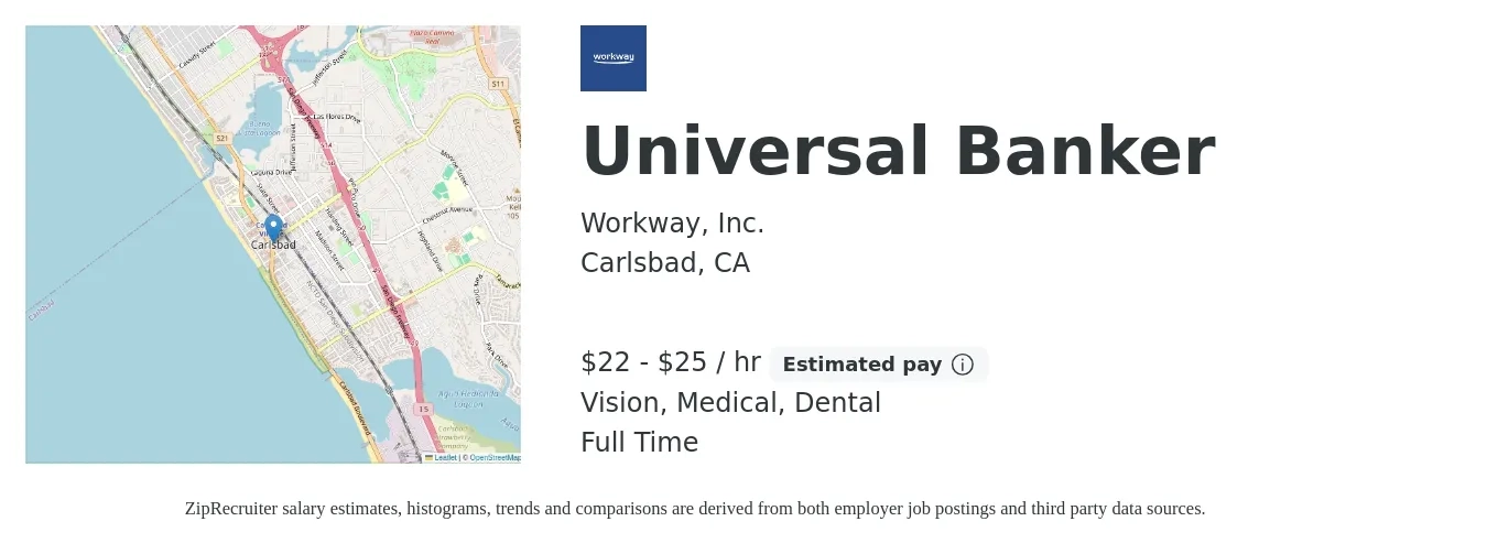 Workway, Inc. job posting for a Universal Banker in Carlsbad, CA with a salary of $23 to $27 Hourly and benefits including vision, dental, medical, and pto with a map of Carlsbad location.