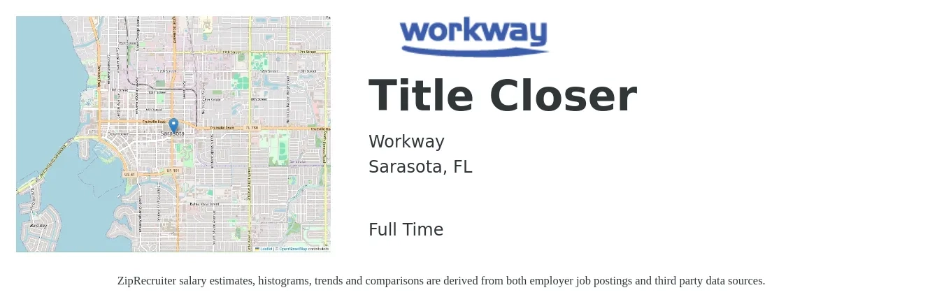 Workway job posting for a Title Closer in Sarasota, FL with a salary of $33,300 to $58,000 Yearly with a map of Sarasota location.