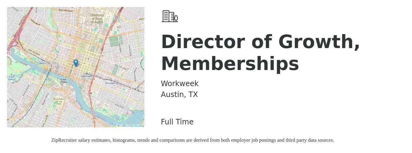 Workweek job posting for a Director of Growth, Memberships in Austin, TX with a salary of $40,600 to $60,500 Yearly with a map of Austin location.