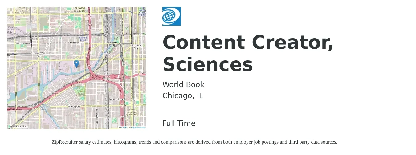 World Book job posting for a Content Creator, Sciences in Chicago, IL with a salary of $126,800 to $132,000 Yearly with a map of Chicago location.