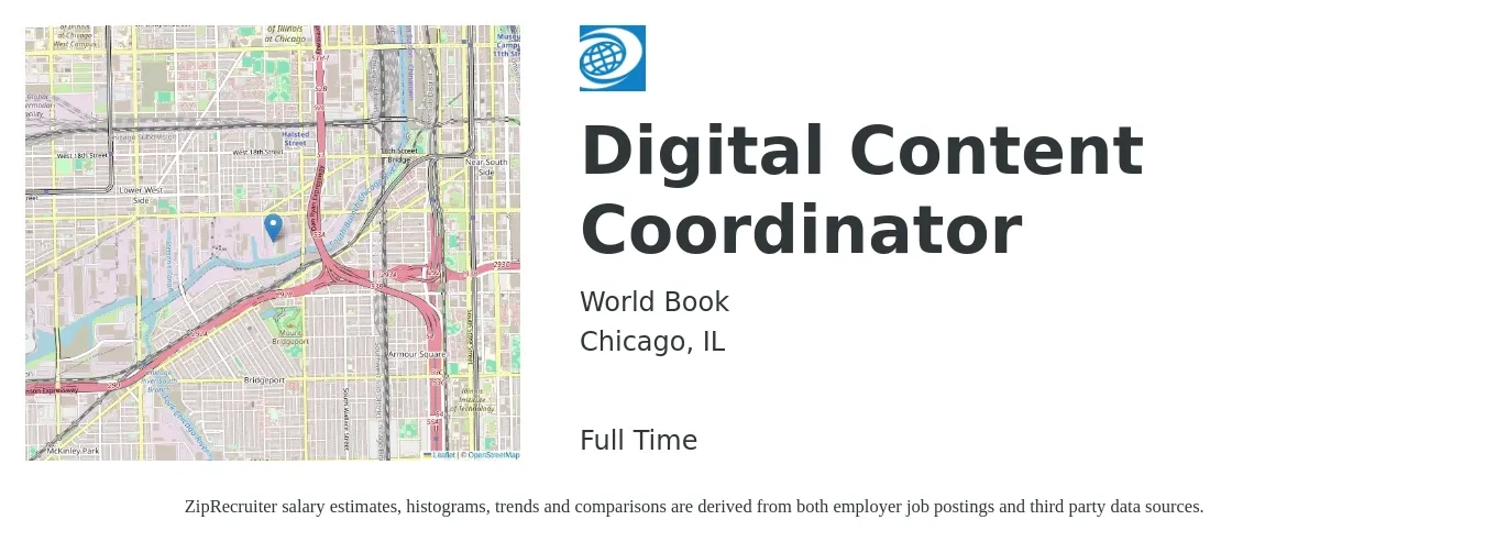 World Book job posting for a Digital Content Coordinator in Chicago, IL with a salary of $26 to $31 Hourly with a map of Chicago location.