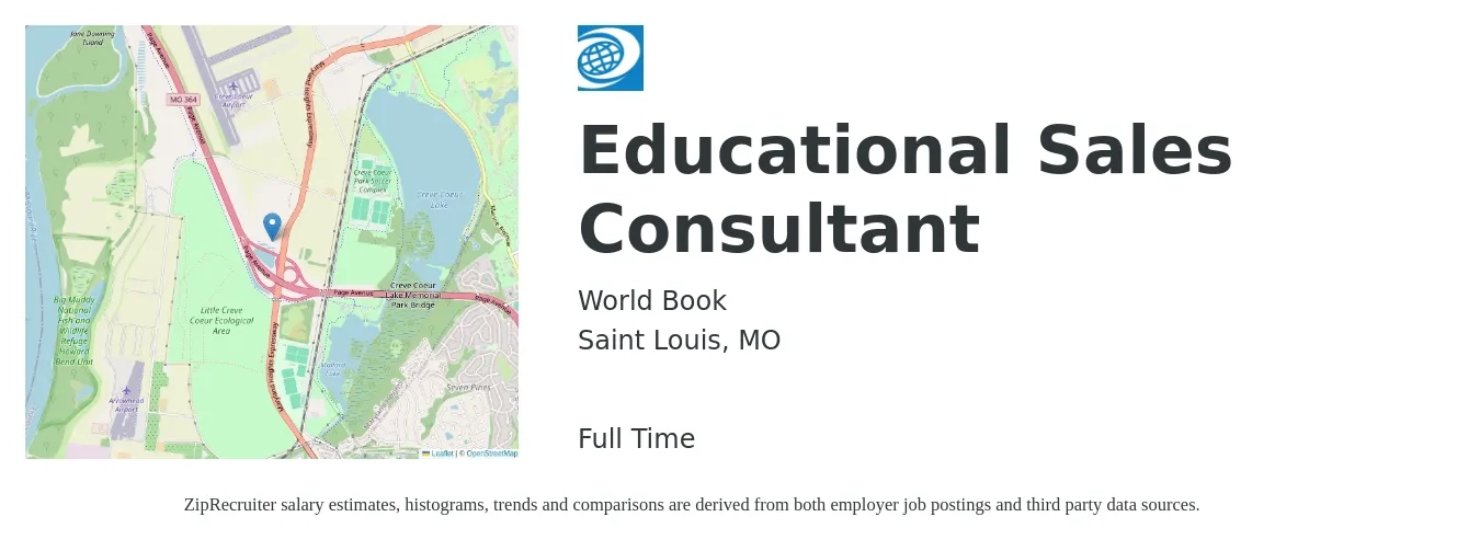 World Book job posting for a Educational Sales Consultant in Saint Louis, MO with a salary of $65,600 to $87,000 Yearly with a map of Saint Louis location.