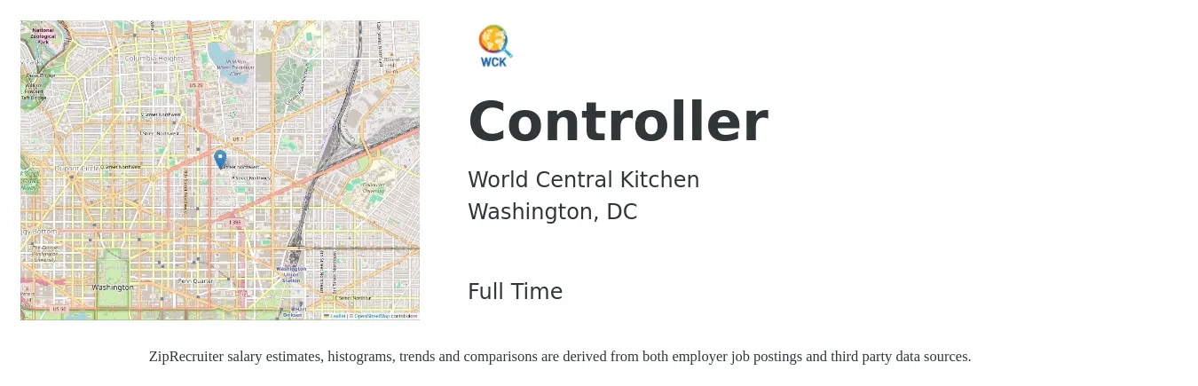 World Central Kitchen job posting for a Controller in Washington, DC with a salary of $109,900 to $156,900 Yearly with a map of Washington location.