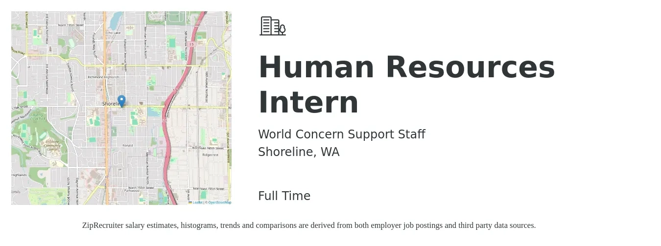 World Concern Support Staff job posting for a Human Resources Intern in Shoreline, WA with a salary of $1,800 Monthly with a map of Shoreline location.