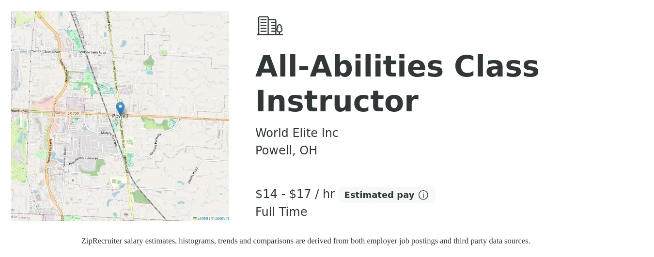 World Elite Inc job posting for a All-Abilities Class Instructor in Powell, OH with a salary of $15 to $18 Hourly with a map of Powell location.