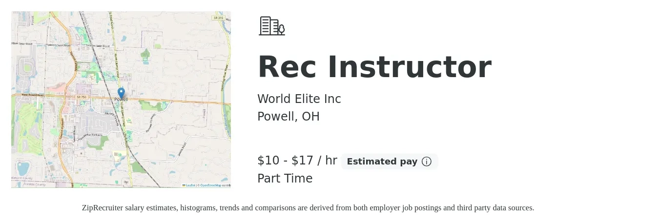 World Elite Inc job posting for a Rec Instructor in Powell, OH with a salary of $11 to $18 Hourly with a map of Powell location.
