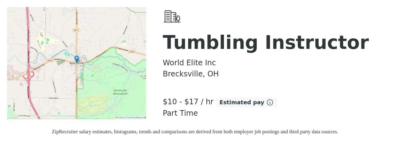 World Elite Inc job posting for a Tumbling Instructor in Brecksville, OH with a salary of $11 to $18 Hourly with a map of Brecksville location.