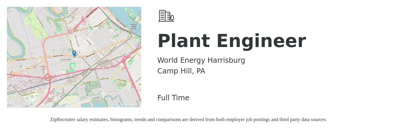 World Energy Harrisburg job posting for a Plant Engineer in Camp Hill, PA with a salary of $77,500 to $118,500 Yearly with a map of Camp Hill location.
