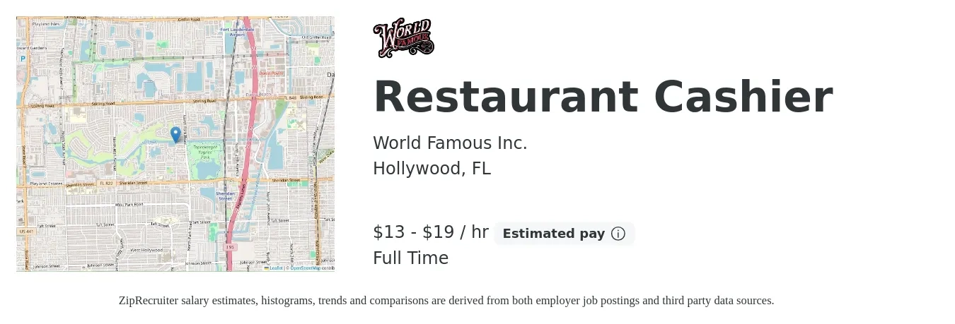 World Famous Inc. job posting for a Restaurant Cashier in Hollywood, FL with a salary of $14 to $20 Hourly with a map of Hollywood location.