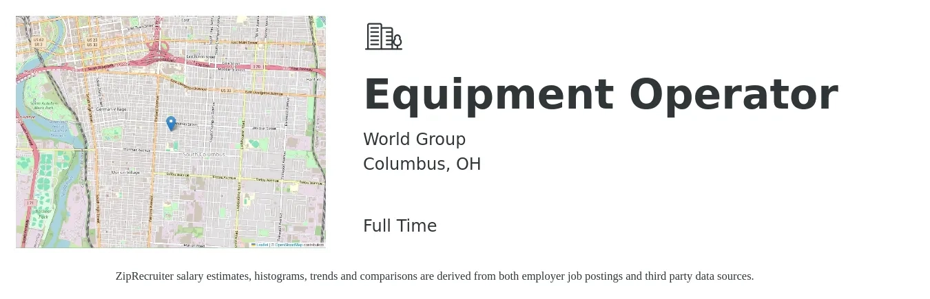 World Group job posting for a Equipment Operator in Columbus, OH with a salary of $18 to $25 Hourly with a map of Columbus location.
