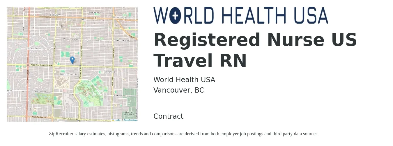 World Health USA job posting for a Registered Nurse US Travel RN in Vancouver, BC with a map of Vancouver location.