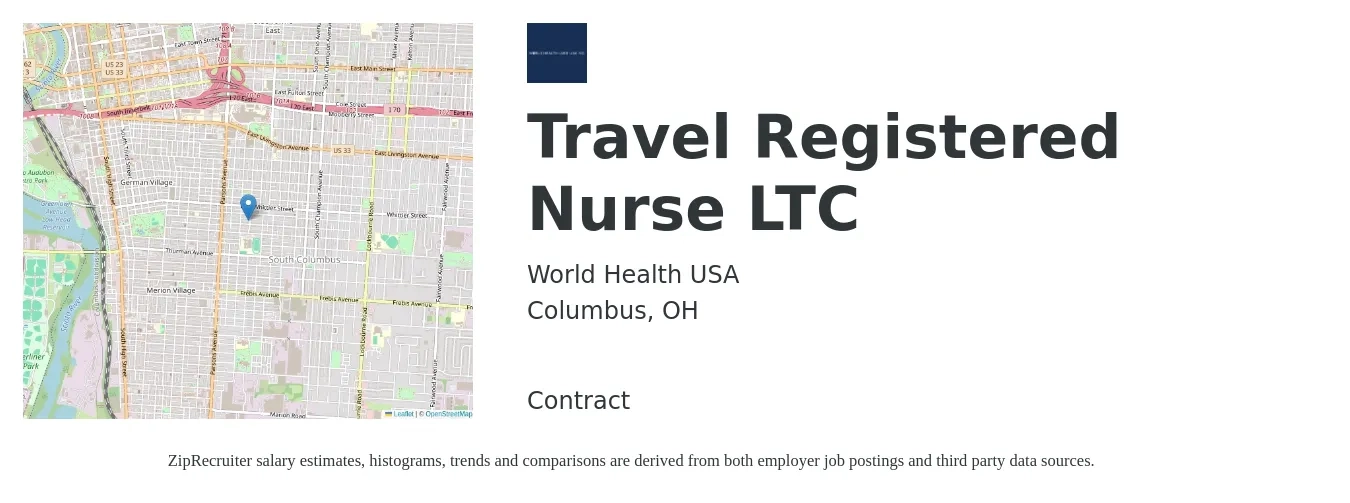 World Health USA job posting for a Travel Registered Nurse LTC in Columbus, OH with a salary of $1,880 to $2,710 Weekly with a map of Columbus location.
